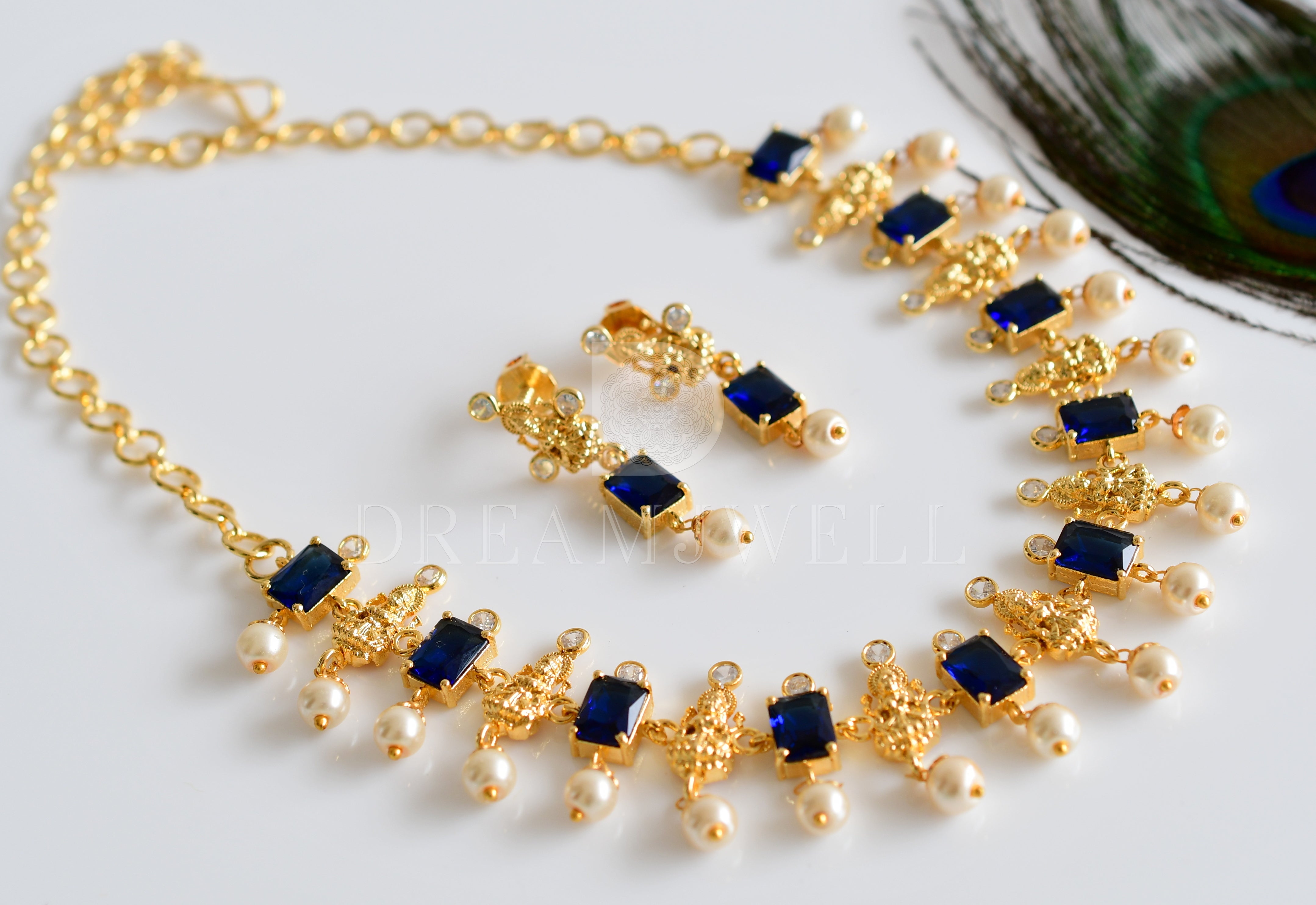 DREAMJWELL Gold tone lakshmi blue stone designer necklace set dj-341
