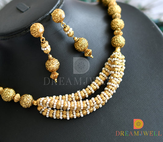 Antique gold tone pearl beaded necklace set dj-11081
