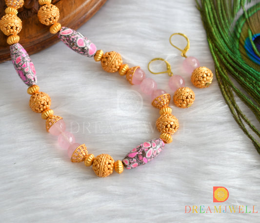 Matte finish pink beaded necklace set dj-11480