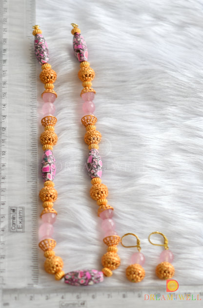 Matte finish pink beaded necklace set dj-11480