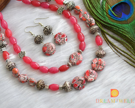 Silver tone peach pink onyx beaded double layer necklace set dj-11470