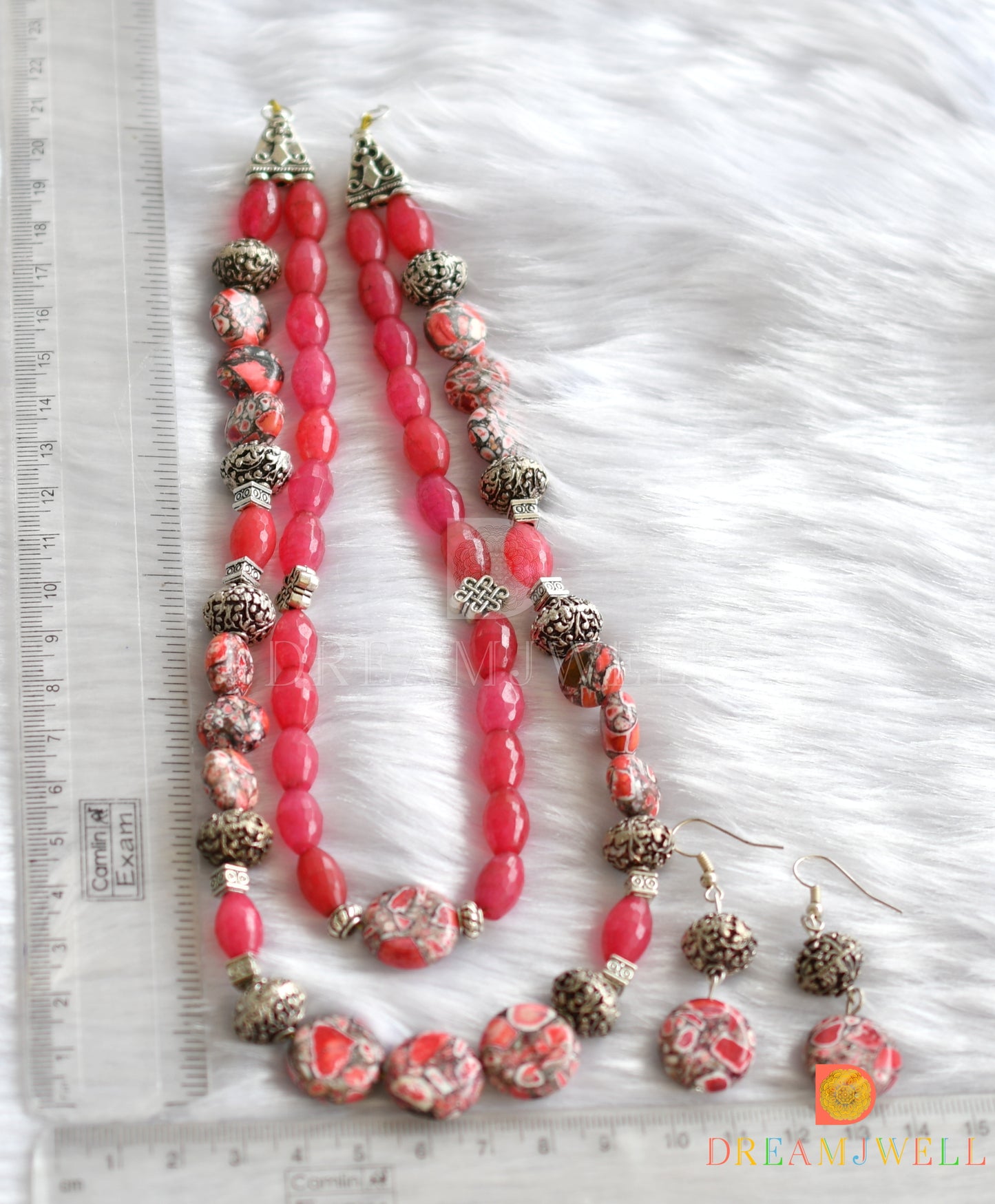 Silver tone peach pink onyx beaded double layer necklace set dj-11470