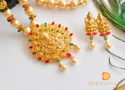 Gold tone pink-green Lakshmi pearl beads necklace set dj-36162
