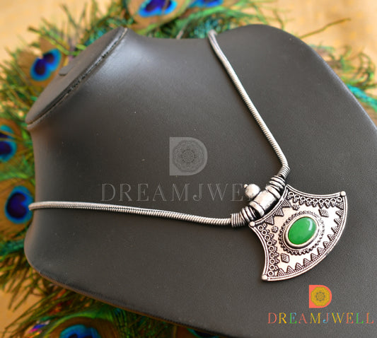Silver tone green-blue-coral stone necklace