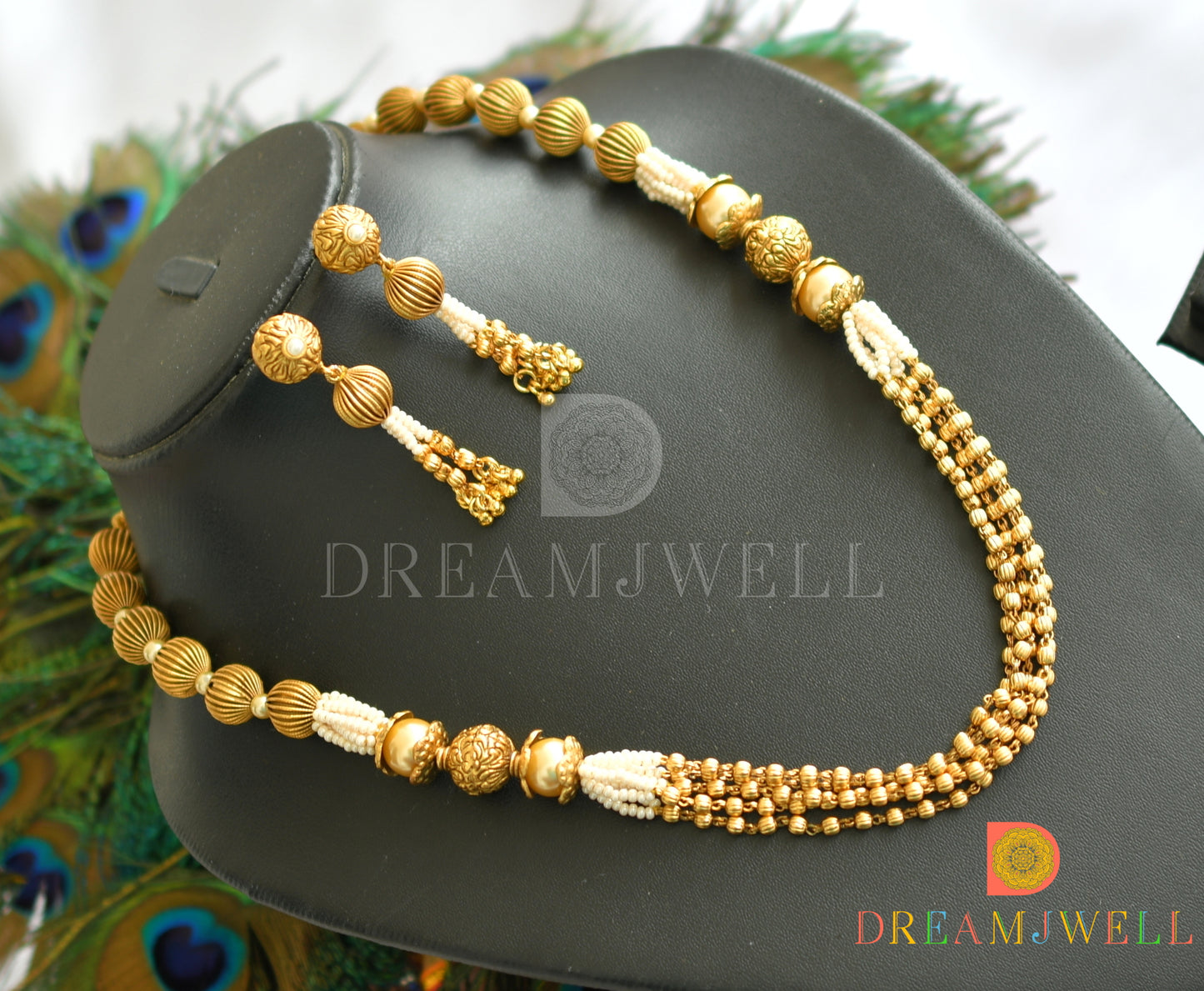 Antique gold tone pearl beaded necklace set dj-11080