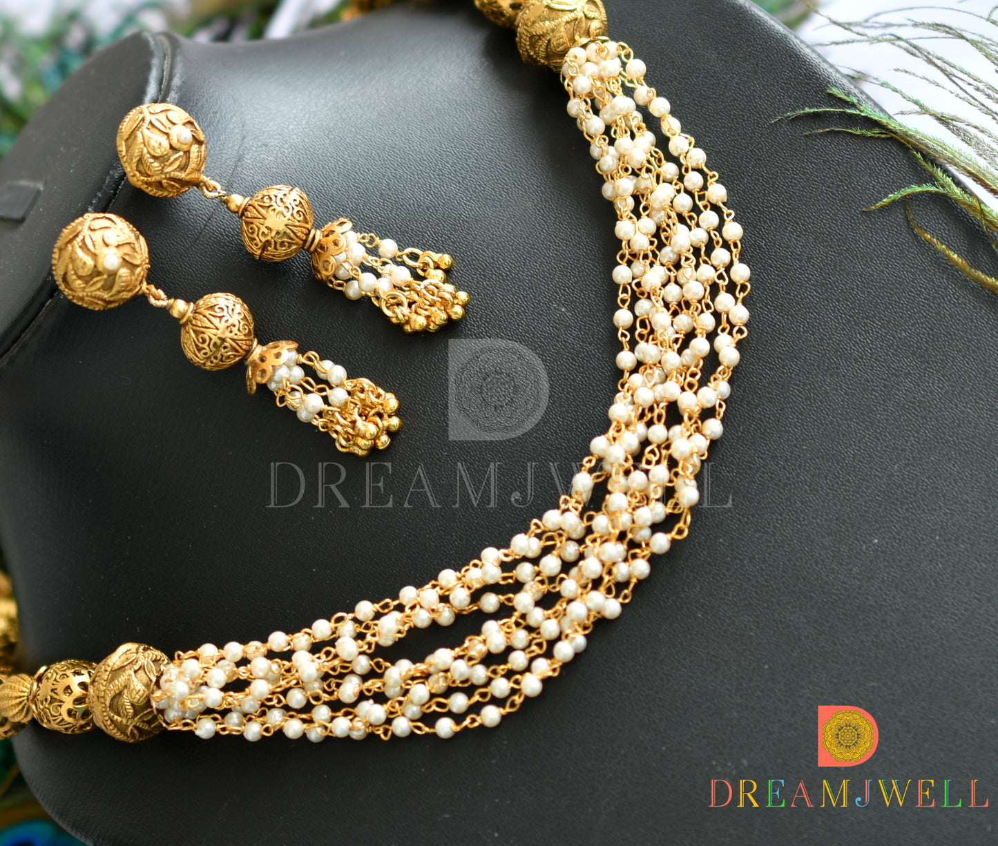 Antique gold tone beaded pearl necklace set dj-11079