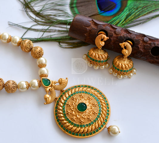 Matte finish ruby-emerald pearl designer necklace set dj-06482