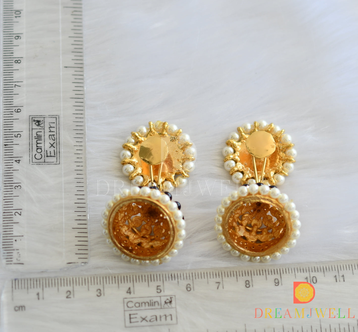 Gold tone blue-green pearl screw back Jhumkka dj-14366