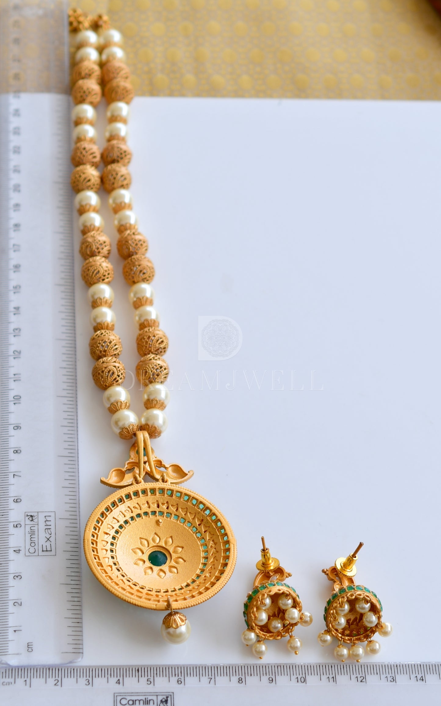 Matte finish ruby-emerald pearl designer necklace set dj-06482