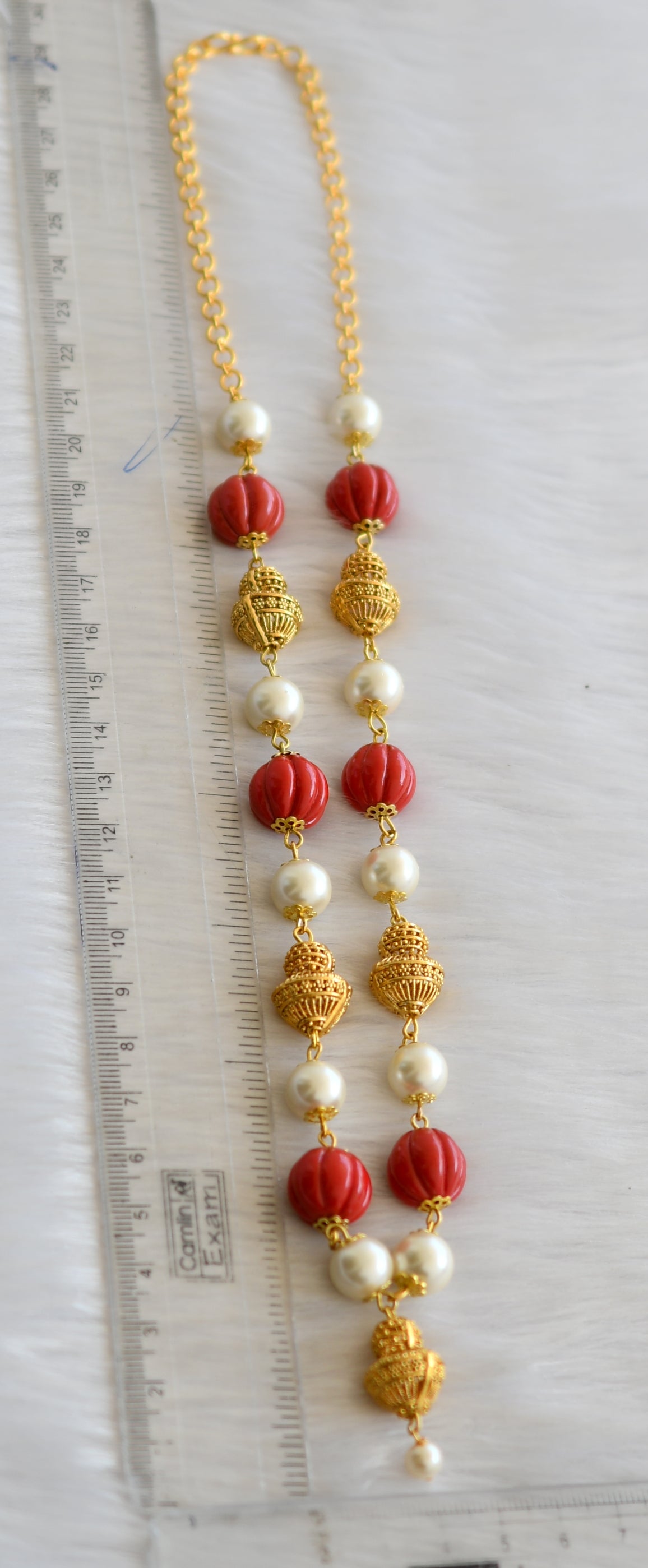 Gold tone pearl-pumpkin coral beaded necklace dj-40860