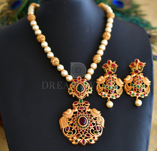 Matte finish pink-green pearl designer necklace set dj-06479