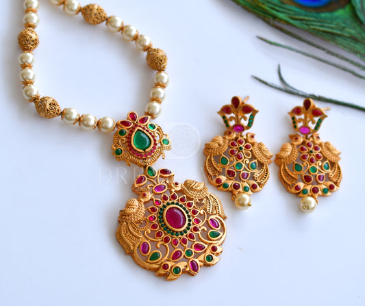 Matte finish pink-green pearl designer necklace set dj-06479