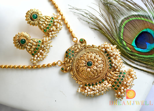 Antique huge pendant green pearl cluster chain set dj-01372