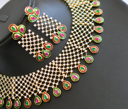 Gold tone Cz-ruby-emerald bridal necklace set dj-02435