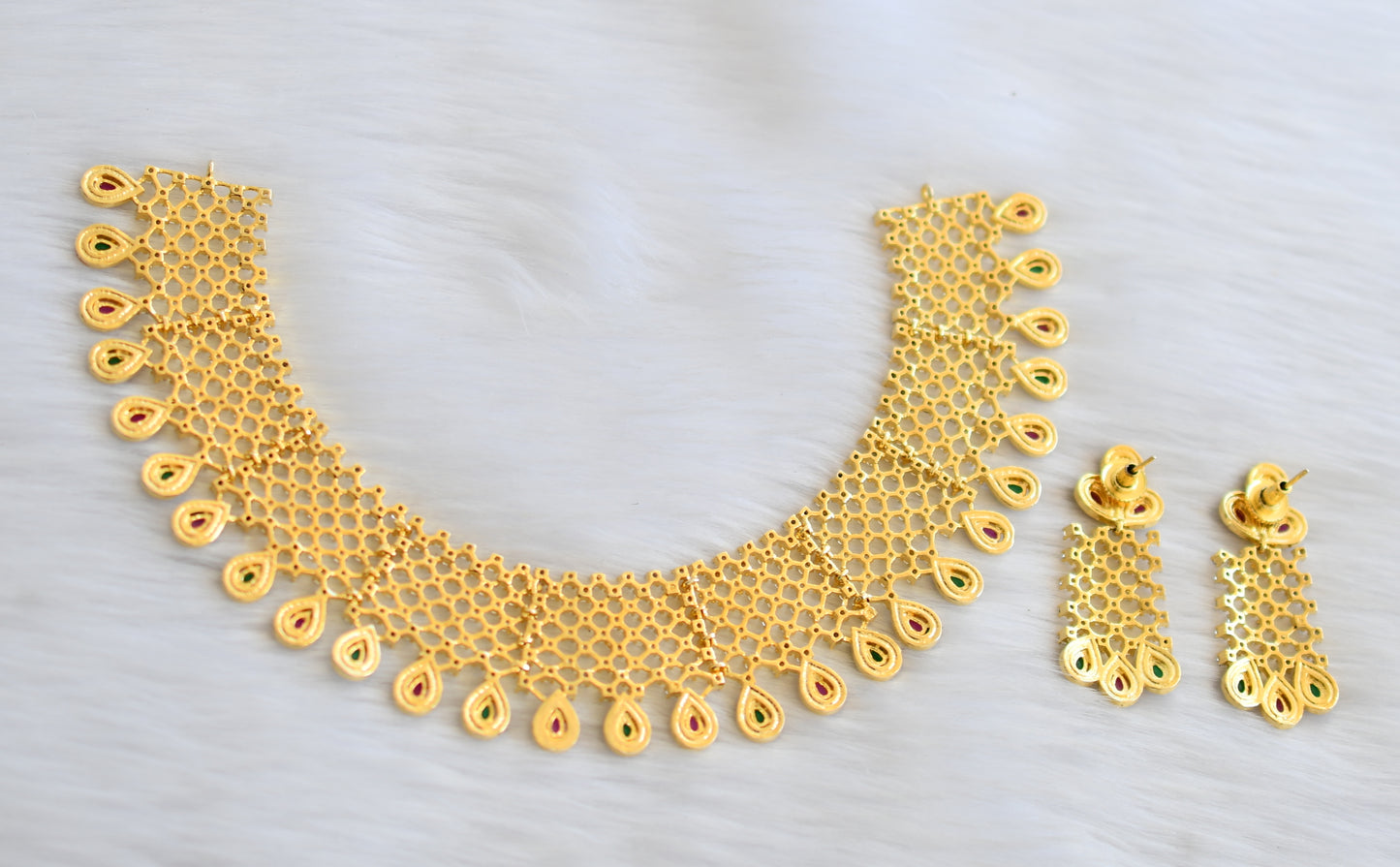 Gold tone Cz-ruby-emerald bridal necklace set dj-02435