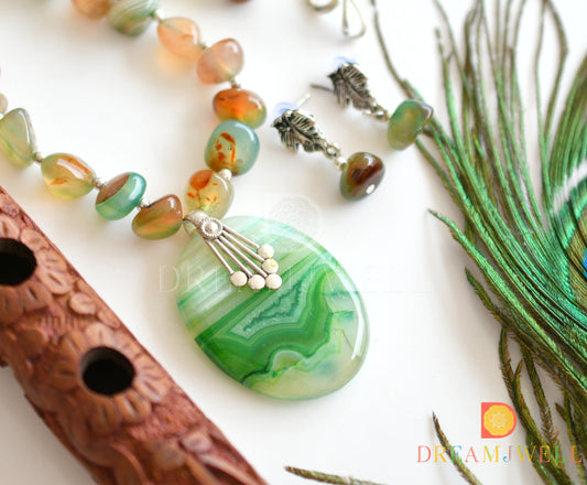 Silver tone sliced agate pendant with green-brown onyx beads necklace set dj-37175