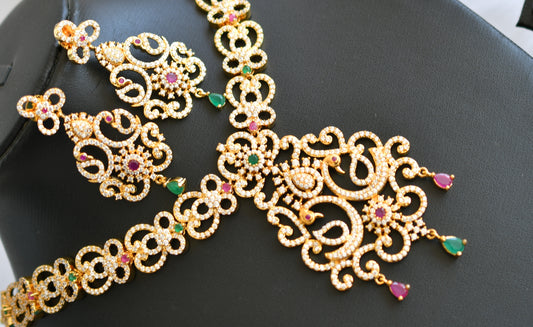 Gold tone cz-ruby-emerald-white Peacock bridal necklace set dj-02429