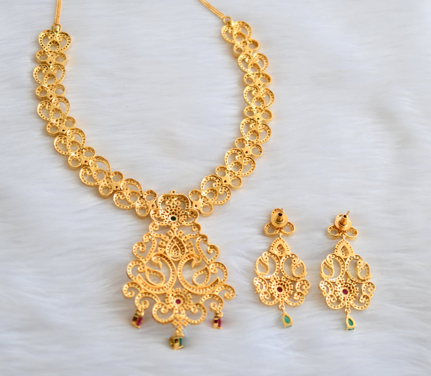 Gold tone cz-ruby-emerald-white Peacock bridal necklace set dj-02429