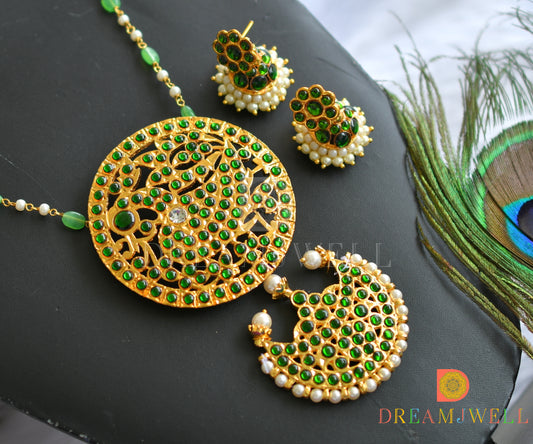 Gold tone green round and moon pendant hand made haar set dj-37695