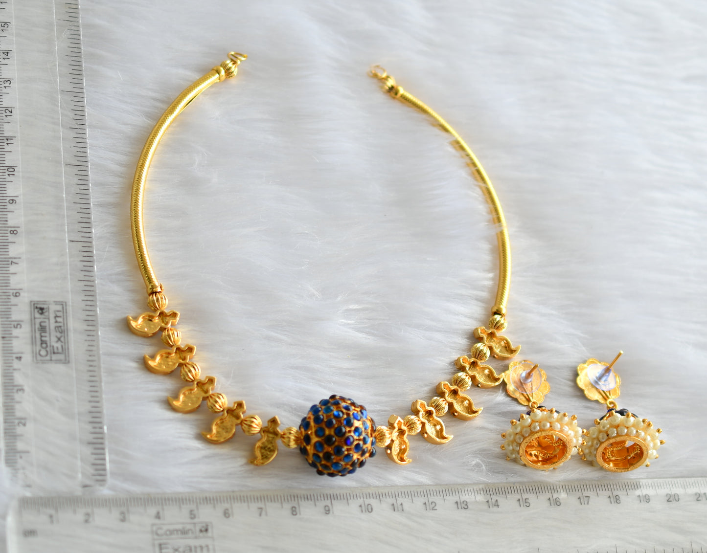 Gold tone blue Rudhra ball mango handmade Hasli necklace set dj-17706
