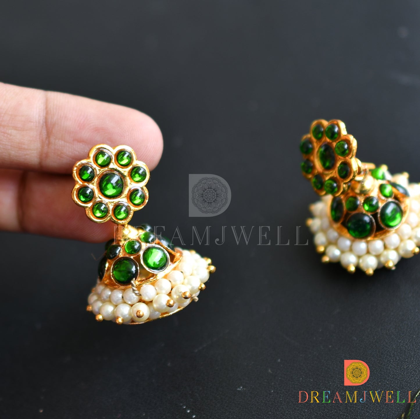 Gold tone green round and moon pendant hand made haar set dj-37695