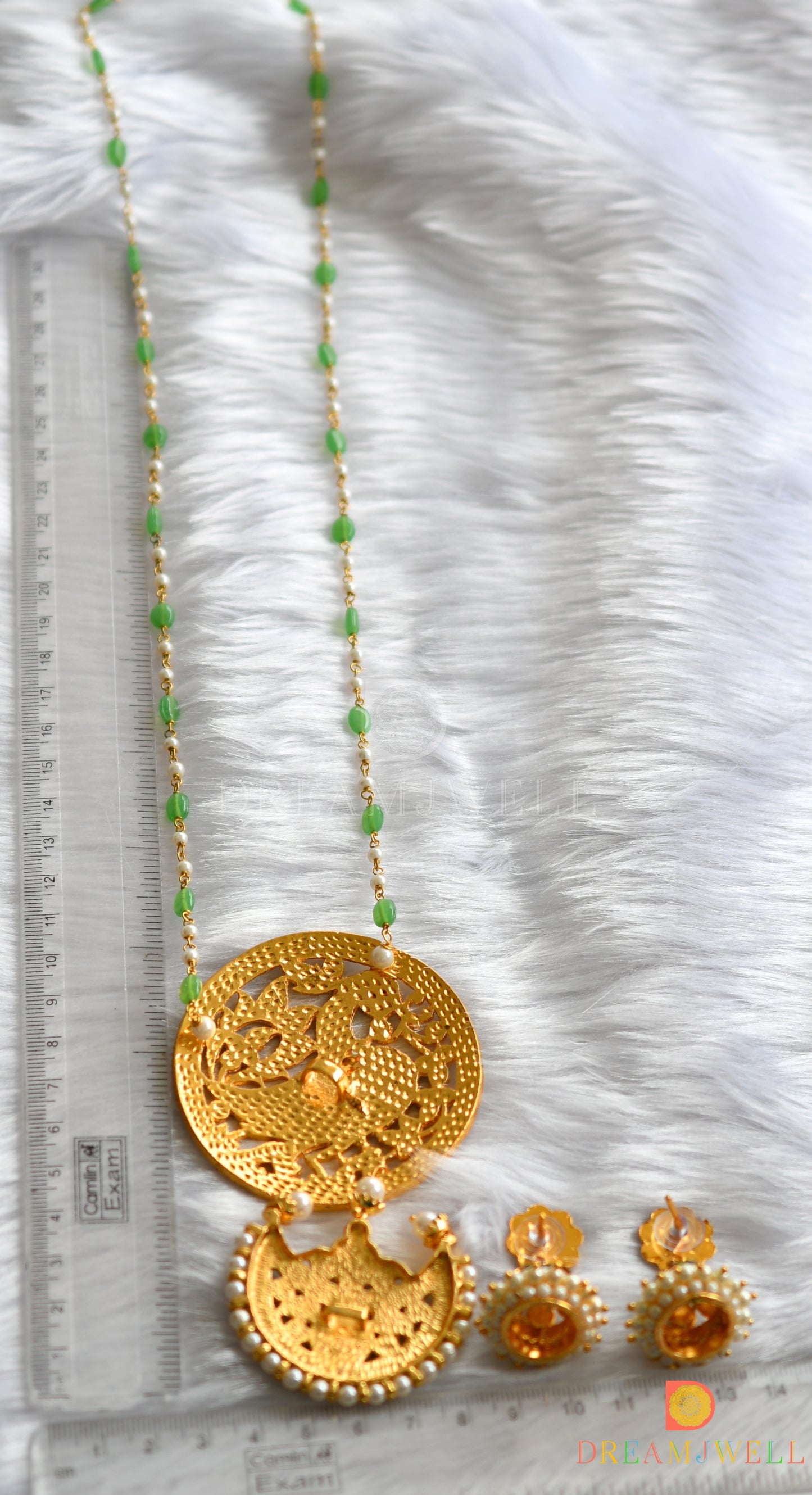 Gold tone green round and moon pendant hand made haar set dj-37695