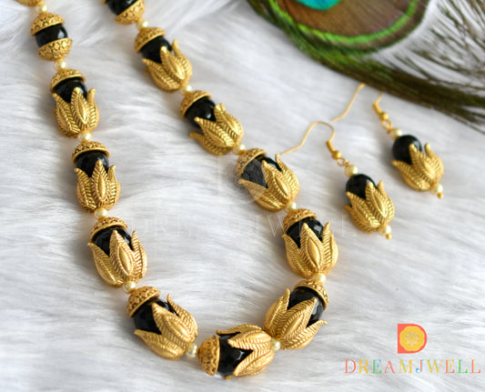 Matte Finish black agates Lotus beaded necklace set dj-37688