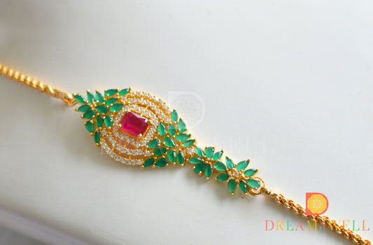 Gold tone cz ruby-white-emerald mugappu chain dj-37696