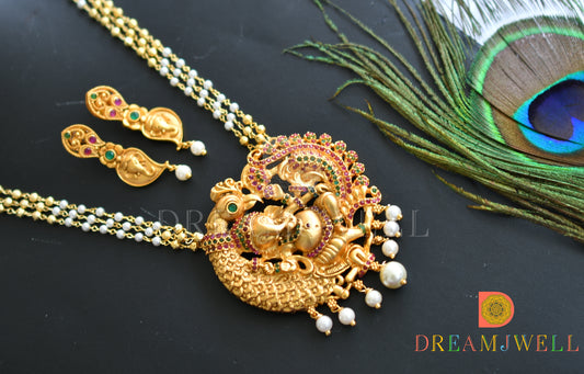 Matte finish ruby-emerald Ganesha-peacock pendant pearl necklace set dj-37691