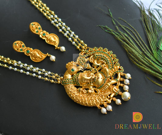 Matte finish emerald Ganesha-peacock pendant pearl necklace set dj-37693