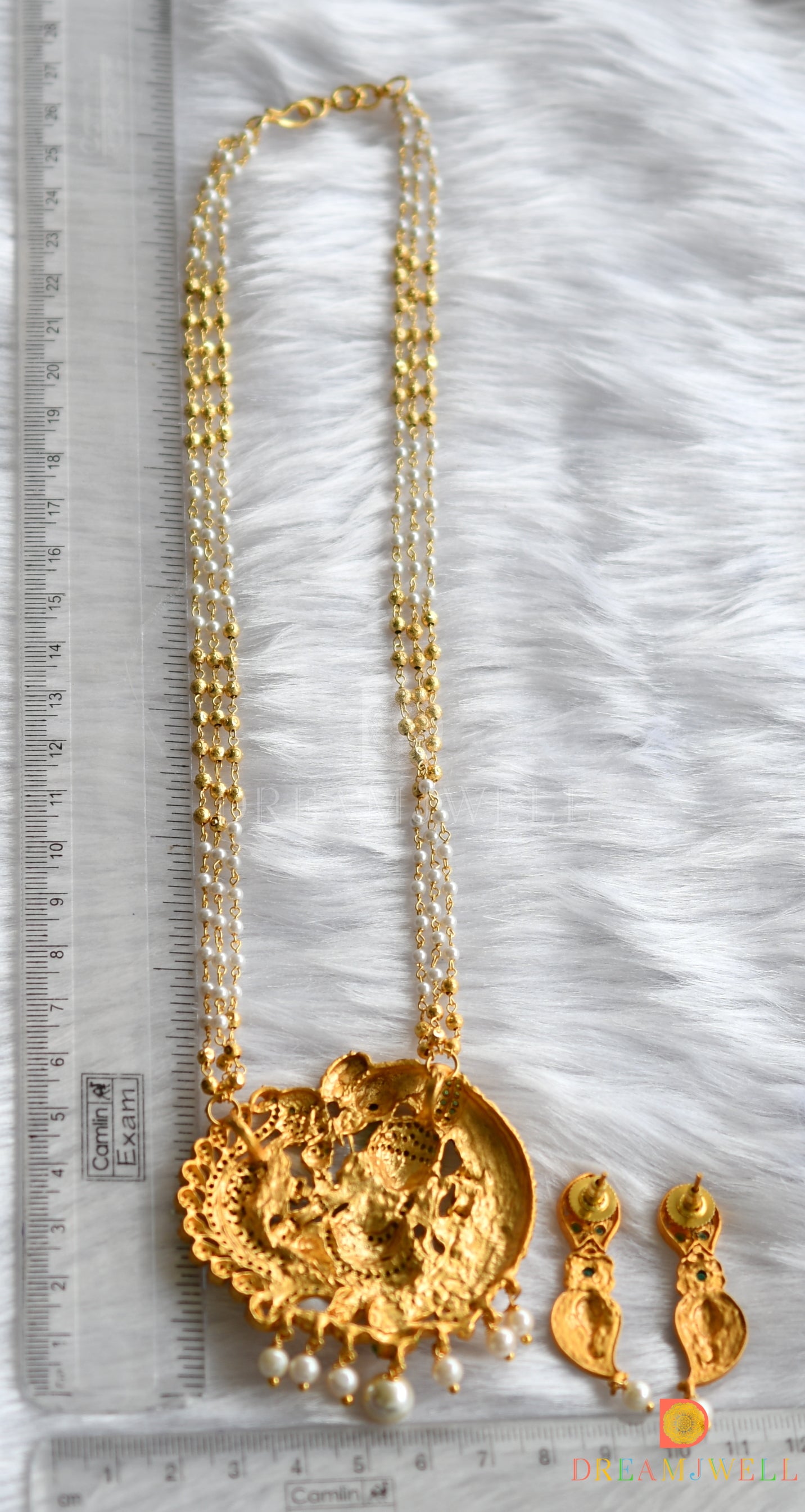 Matte finish emerald Ganesha-peacock pendant pearl necklace set dj-37693