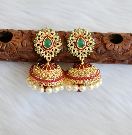 Antique gold tone red-green meenakari Jhumkka dj-01518