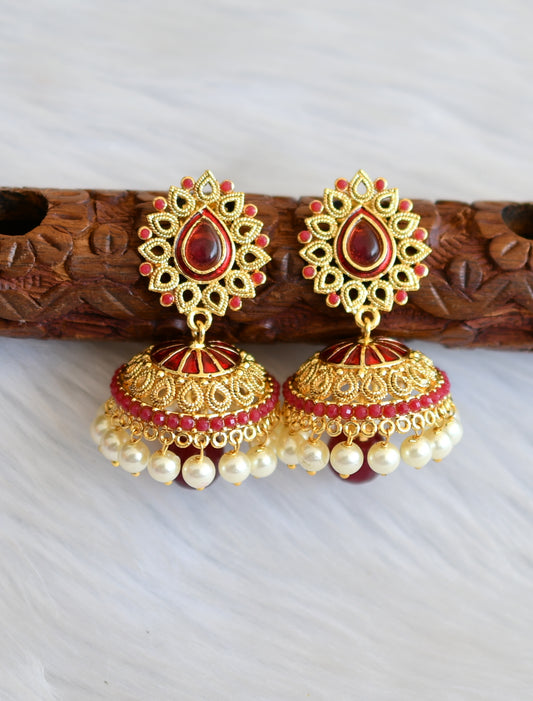 Antique gold tone maroon pearl Meenakari Jhumkka dj-01519