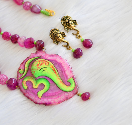Hand painted Ganesha sliced agate pendant with pink-green onyx beads necklace set dj-39919