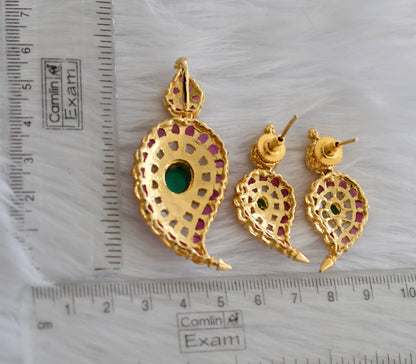 Gold tone semiprecious ruby-emerald real uncut polki stone mango pendant set dj-20883