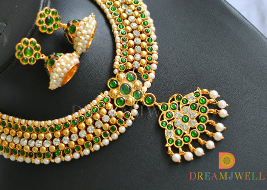 Gold tone green temple necklace set dj-10599