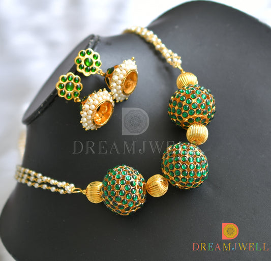 Gold tone green rudra balls pearl designer necklace set dj-34559