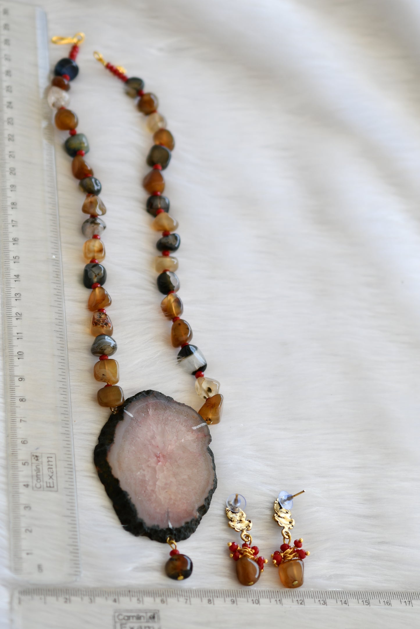 Hand painted Lakshmi sliced agate pendant with brown-black-white onyx beads necklace set dj-39928