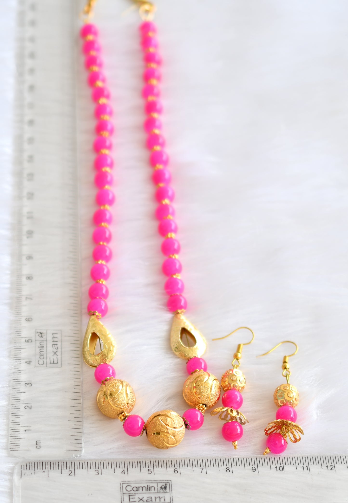Gold tone pink beads handmade necklace set dj-19781