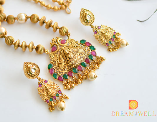 Matte Finish Ruby-emerald beaded Lakshmi Necklace Set-dj09980