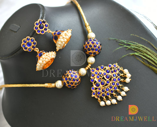 Gold tone blue rudhra balls designer necklace set dj-34655