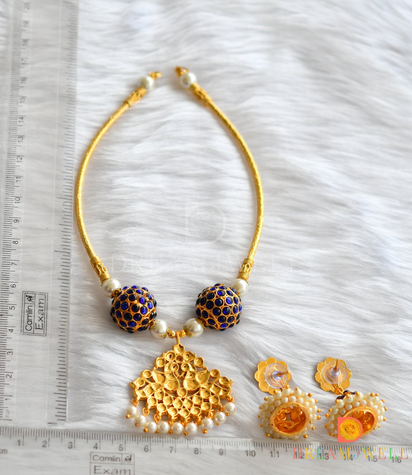 Gold tone blue rudhra balls designer necklace set dj-34655