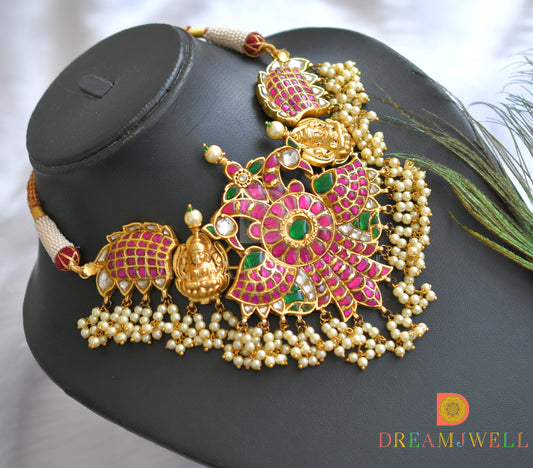 Gold tone pink-green-white kundan jadau jadau Lakshmi-peacock necklace dj-37737