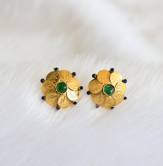 Antique gold tone blue-green Lakshmi coin earrings dj-39316