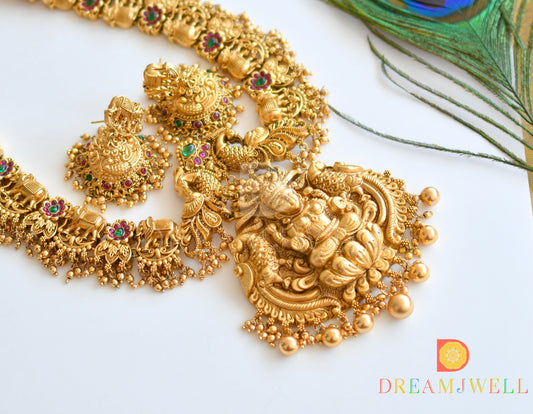Matte finish kemp-green Lakshmi-Elephant-peacock designer haar set dj-36212