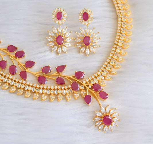 Gold tone cz ruby-white leaf necklace set dj-19420