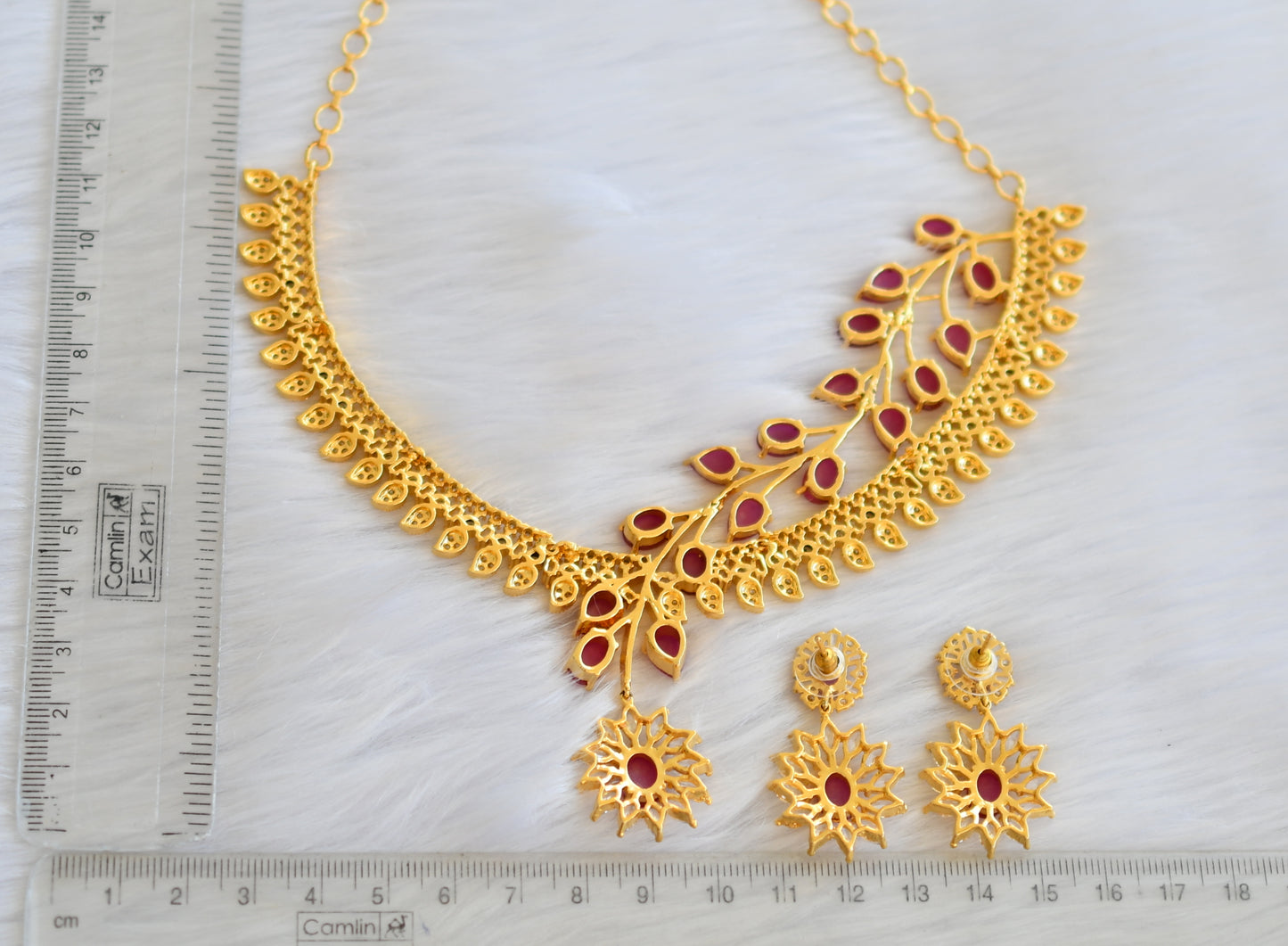 Gold tone cz ruby-white leaf necklace set dj-19420