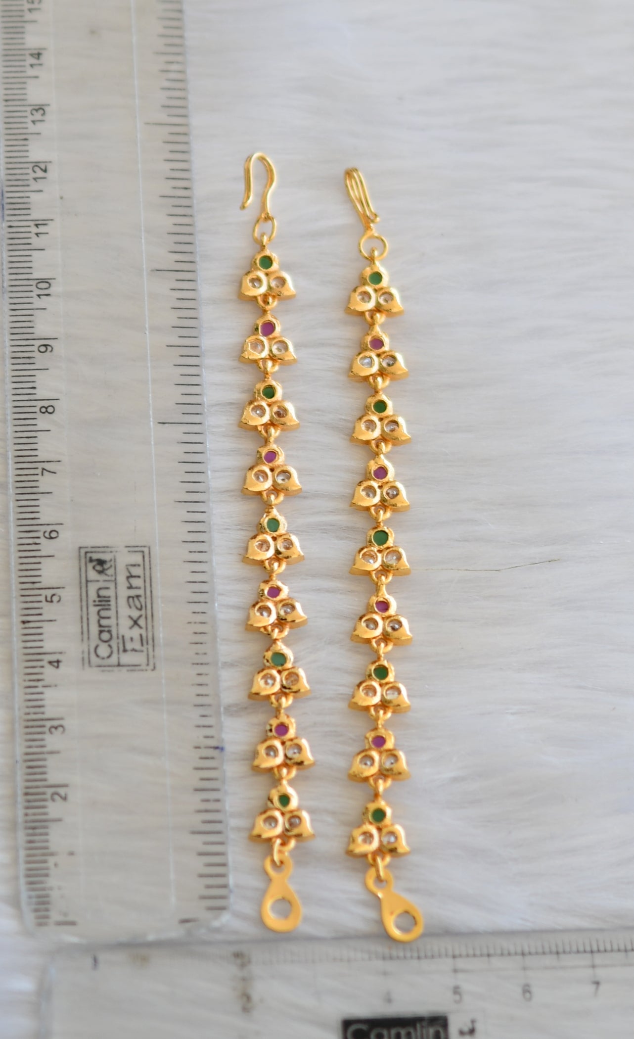 Gold tone ruby-green-white earrings side chain dj-40886