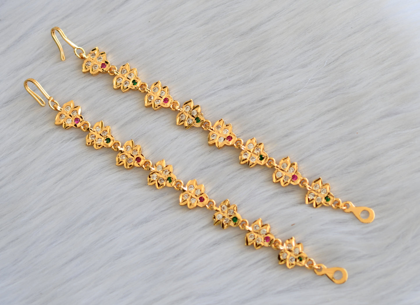 Gold tone ruby-white-green earrings side chain dj-40888