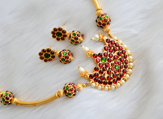 Gold tone kemp-green rudhra ball moon Hasli necklace set dj-17714